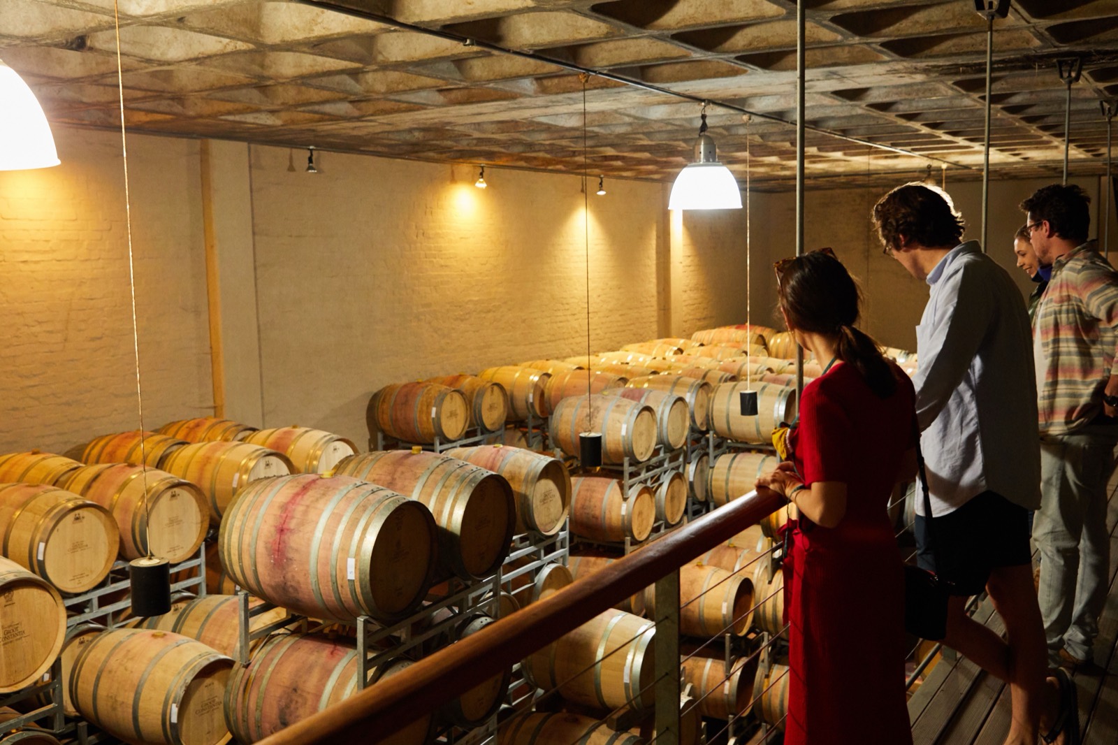 Guests on a winery cellar tour overlooking barrels, part of tasting room revenue in winery bookkeeping
